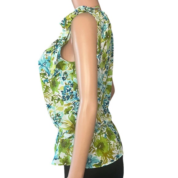 Ann Taylor Loft Shirt Womens XS Green Floral Elastic Scoop Neck Tie Sleeveless - Picture 2 of 9